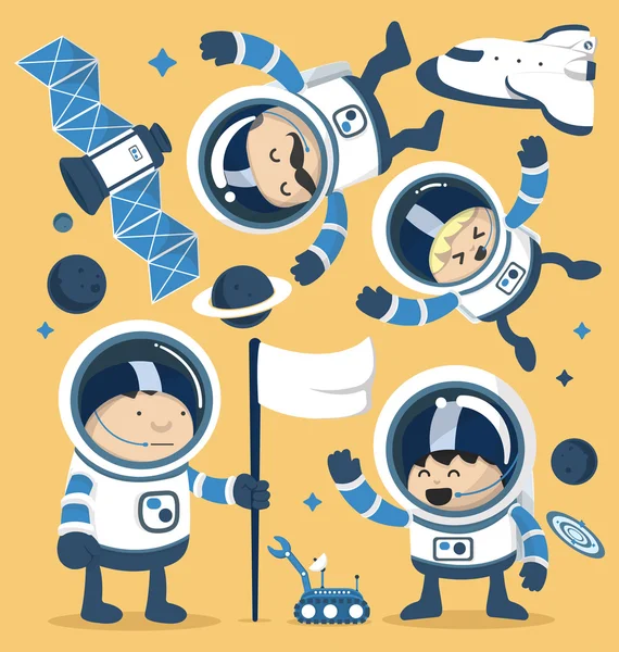 Conjunto de personajes astronautas en el espacio y cohetes Robots, Planet — Archivo Imágenes Vectoriales
