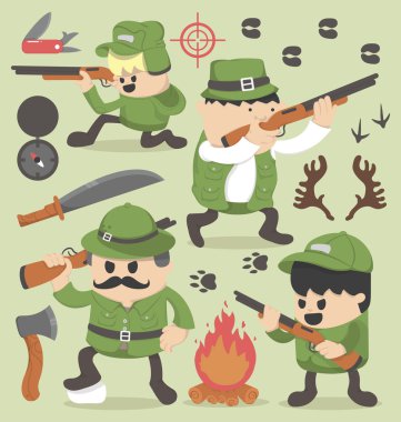 Konsept tasarımı bir av tüfeği kümesi ve Icon collection tutan avcı,