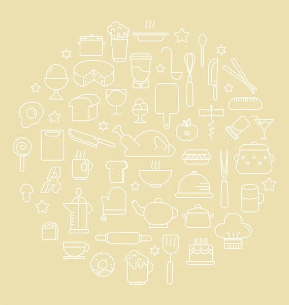 Iconos del esquema de cocina y comida Ilustración vectorial — Vector de stock