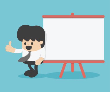 Cartoon Businessman with thumb up leaning against blank billboar