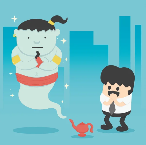 Business man with giant in magic lamp — 스톡 벡터