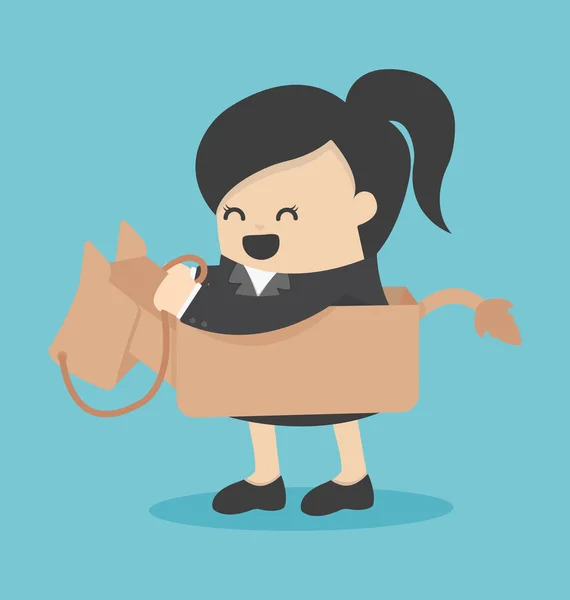 Femme d'affaires chevauchant le cheval jouet — Image vectorielle