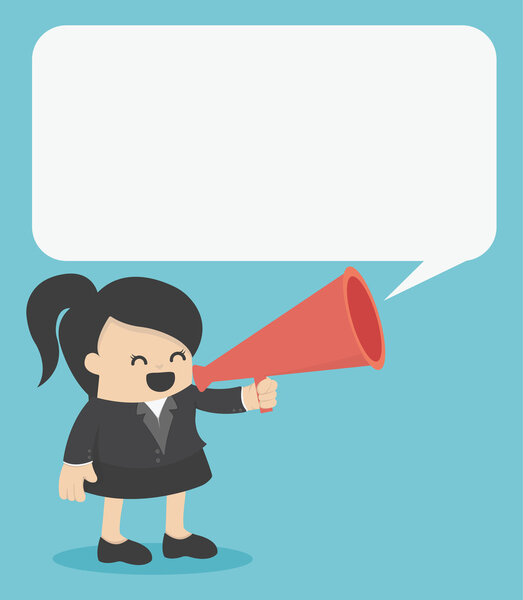 Деловая женщина с мегафоном и пузырём
