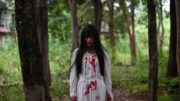 アジアの女性は幽霊の顔 ホラーシーン 怖い背景 ハロウィーンの概念を構成します — ストック動画
