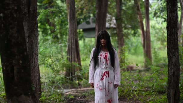 Asiatisk Kvinna Utgör Spöke Ansikte Skräckscen Skrämmande Bakgrund Halloween Koncept — Stockvideo