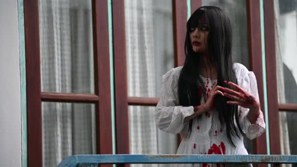 Azji Kobieta Makijaż Duch Twarz Scena Horror Straszne Tło Halloween — Wideo stockowe