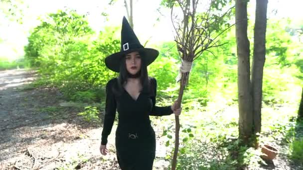 Aziatisch Mooi Vrouw Dragen Zwart Jurk Heks Hoed Buiten Halloween — Stockvideo