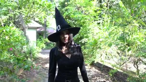 Asiatische Schöne Frau Mit Schwarzem Kleid Und Hexenhut Freien Halloween — Stockvideo