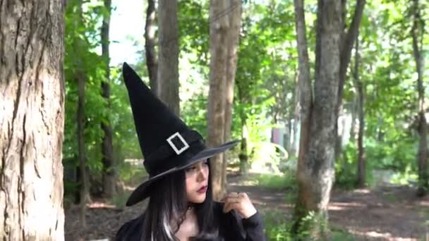 Asiatische Schöne Frau Mit Schwarzem Kleid Und Hexenhut Freien Halloween — Stockvideo