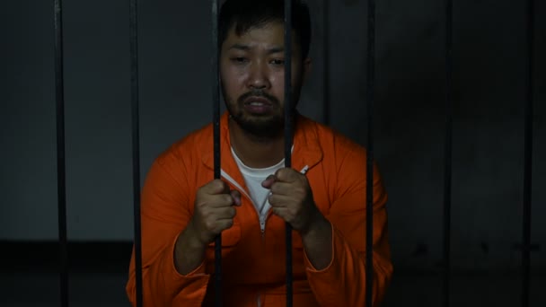 Azjata Zdesperowany Żelaznym Więzieniu Koncepcja Więźnia — Wideo stockowe