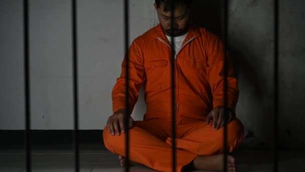 Asian Man Desperate Iron Prison Prisoner Concept — Stock Video