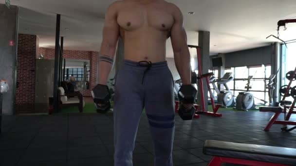 Asiático Homem Com Grandes Músculos Ginásio Musculação — Vídeo de Stock