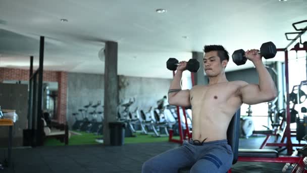 Asiático Hombre Con Grandes Músculos Gimnasio Entrenamiento Peso Corporal — Vídeos de Stock