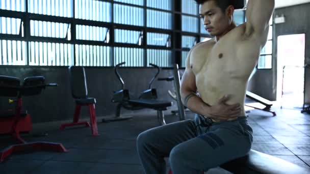 亚洲男子与大肌肉重量训练在健身房 — 图库视频影像