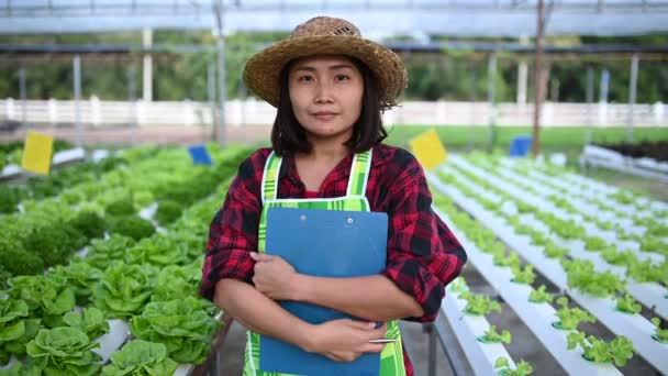 Agricultrice Asiatique Travaillant Salade Ferme Plantation Légumes Hydroponiques Biologiques Pour — Video