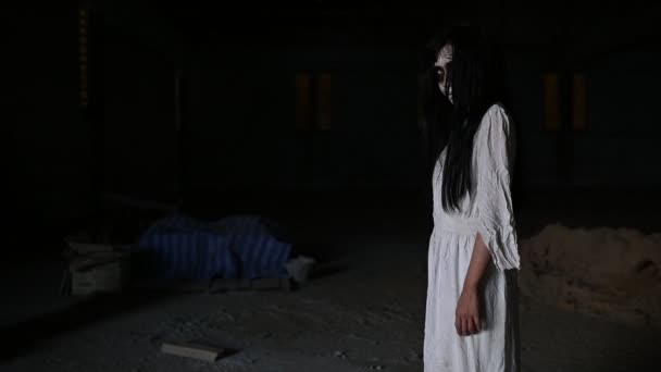 Portrait Asian Woman Make Ghost Face Horror Scene Halloween Concept — Stock Video