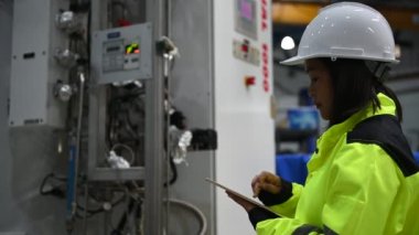 Yüksek performanslı bilgisayarlardaki mühendis bilgisayar işçisi büyük fabrikadaki monitörlerle büyük makinelerin çalışmasını kontrol ediyor.