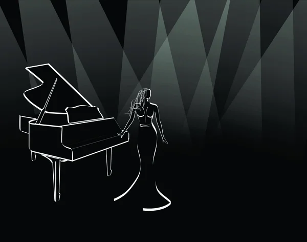 Mujer en vestido largo cerca del piano — Archivo Imágenes Vectoriales