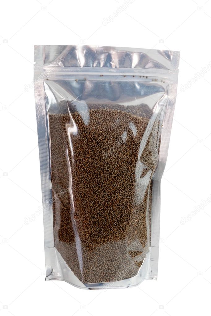 Perilla herb seed in packaging foil zip bag. 