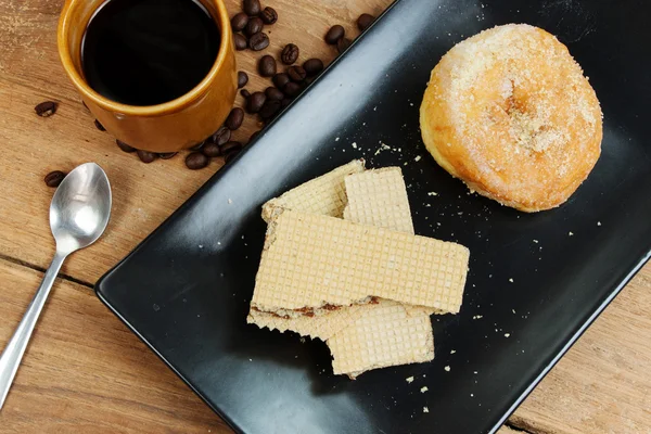 Coffee and wafer stick and donuts sugar — Stock Photo, Image