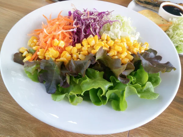 Grönsakssallad Vit Tallrik Med Caesarsalladssås Röd Och Grön Mat Maträtt — Stockfoto