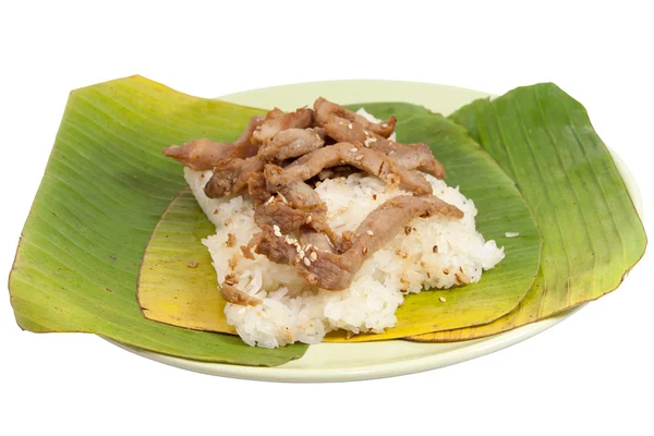 Arroz pegajoso e carne de porco frita — Fotografia de Stock