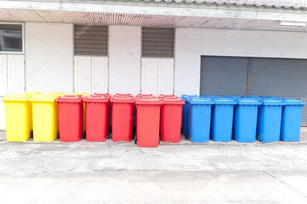 blue red yellow bins