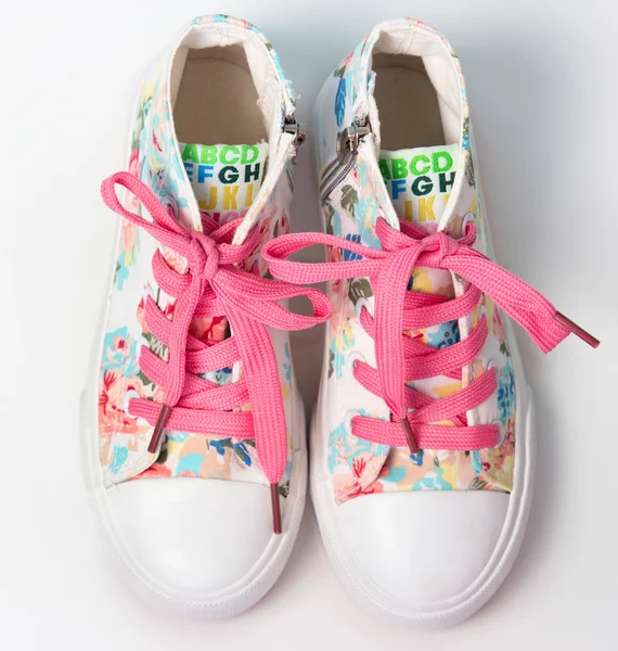 Kind meisje kid's textiel kant schoenen paar. — Stockfoto