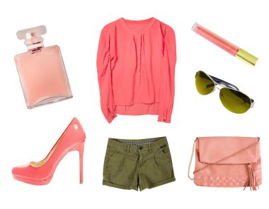 Mercan kadın kadın giyim izole kolaj ayarla.