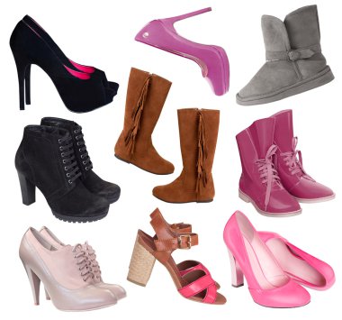 Beyaz izole kadın ayakkabı kolaj seti.