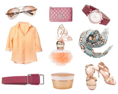 Bayan Giyim Aksesuarları üzerinde beyaz izole kolaj ayarla.