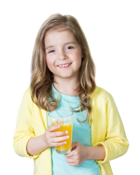 Menina segurando suco de laranja de vidro isolado no branco . — Fotografia de Stock