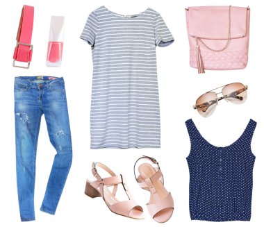 Bayan giyim üzerine beyaz izole kolaj ayarla.