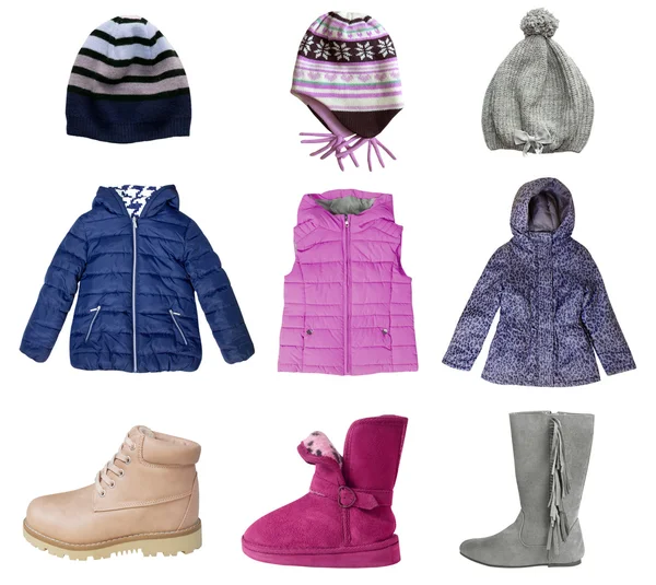 Child girl winter clothes collage set isolated on white. — Stock Photo, Image