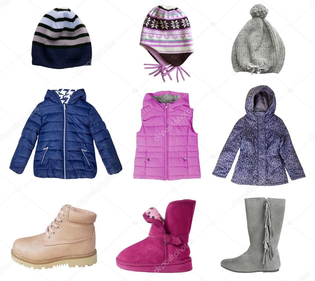 Child girl winter clothes collage set isolated on white. Stock Photo by  ©NYS 119489632