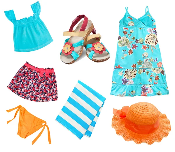 Summer child girl clothes set collage isolated on white. — Stock Photo, Image