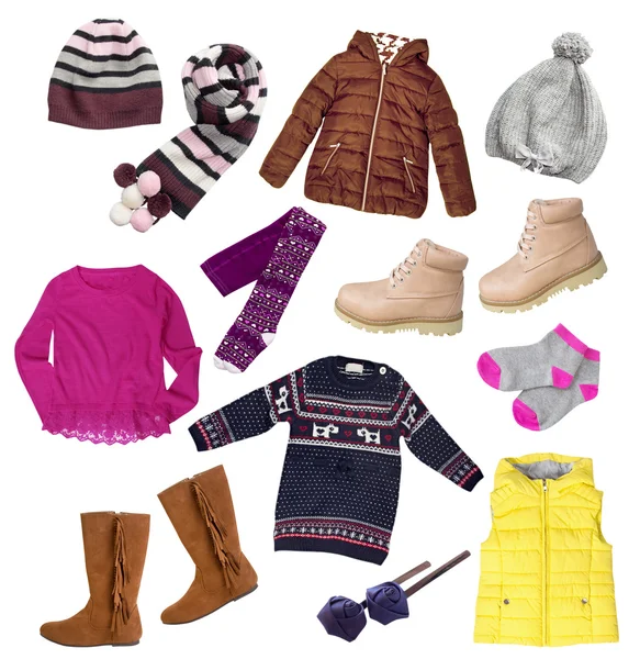 Παιδί κορίτσι ρούχα φθινόπωρο χειμώνα σύνολο απομονωμένων. — Φωτογραφία Αρχείου