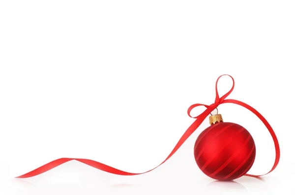 Red Christmas Bauble Ribbon White Background New Year Holiday Decor — Stock Photo, Image
