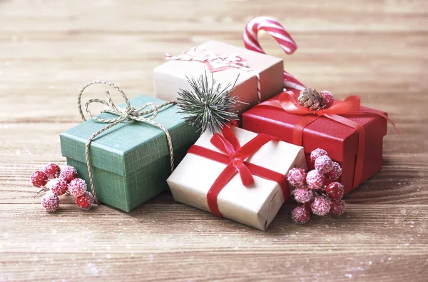 Navidad Regalo Caja Decoración Madera Table Greeting Paquetes Closeup New —  Fotos de Stock