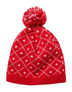 Kırmızı örülmüş şapka, kış aksesuarları. Noel dekoru. Kış mevsimi moda giysileri..