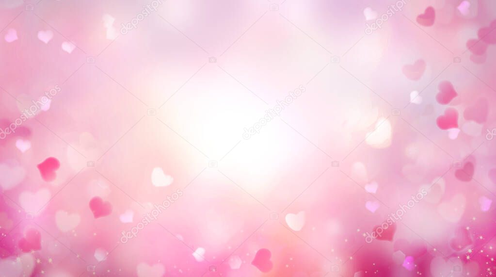Valentine bokeh,blurred hearts backdrop.Abstract romantic background.Empty space valentine's border texture.