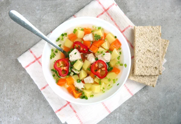 Plate Chicken Soup Table Top View Home Made Dieting Food — Stock Photo, Image