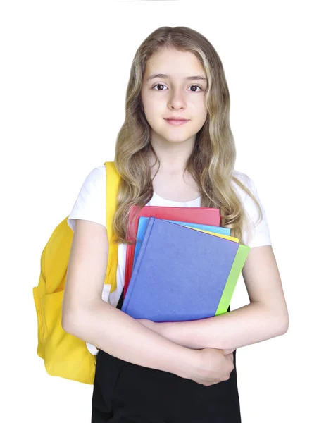 Κορίτσι Παιδί Βιβλία Και Σακίδιο Που Απομονώνονται Λευκό Λευκή Μαθήτρια — Φωτογραφία Αρχείου