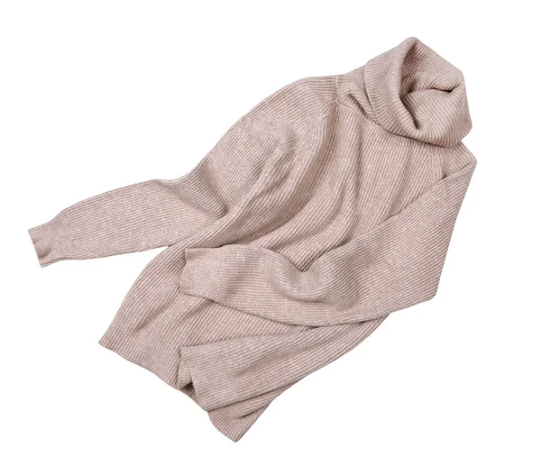 Beige Farbe Langarmpullover Fliegen Isoliert Auf Weiß Gestrickte Wäsche Household — Stockfoto