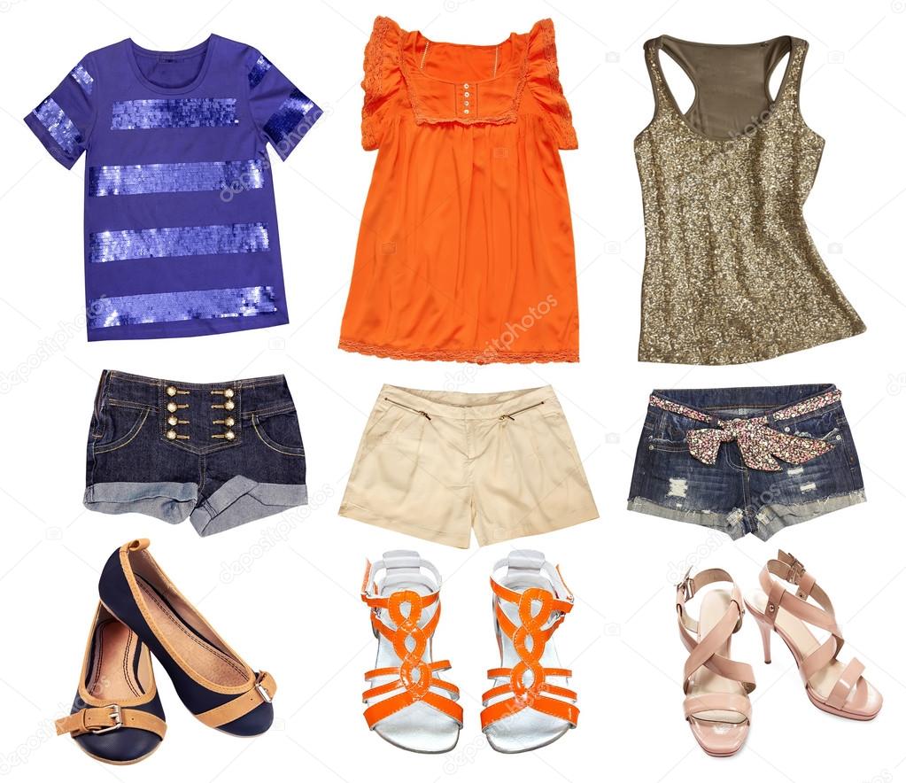 Bright female summer clothes collage. Teenager wear set. Stock