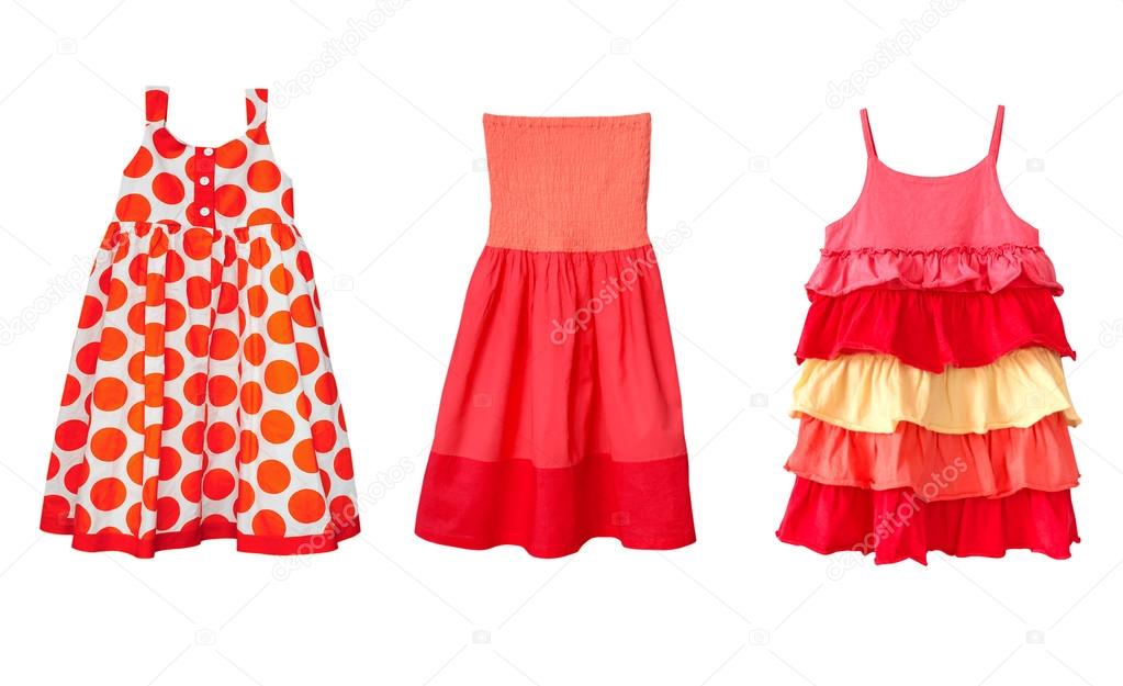 Kid's summer red dresses collage.Isolated.