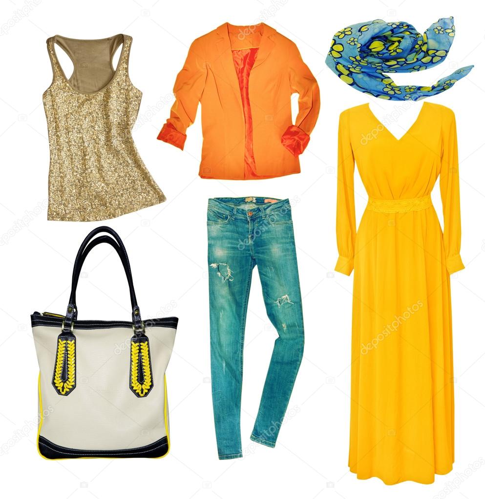 Bright modern clothes set. Collage female clothing wear isolated