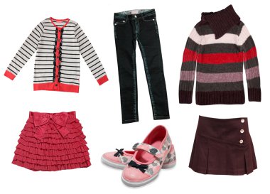 Çocuk kızın modern sonbahar giyim izole.