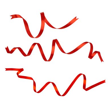 Kırmızı kurdeleler beyazda izole edilmiş. Noel süslemesi. Noel süsü. Doğum günü partisi ipek dantel seti..