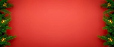 Noel arkaplanı, boş fotokopi alanı kırmızı arka plan. Işıklı firavun ağacı sınırı. Güzel bir tatil çerçevesi, şenlikli bir bayrak.